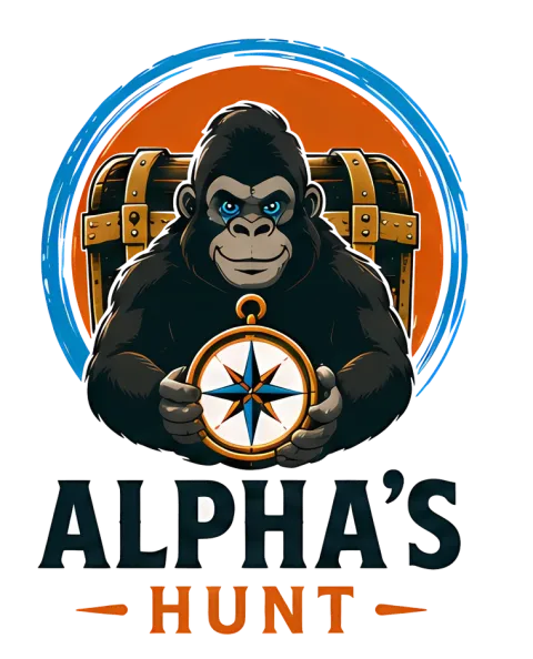 Alpha's Hunt. Alpha the gorilla holding a compass in front of a treasure chest.